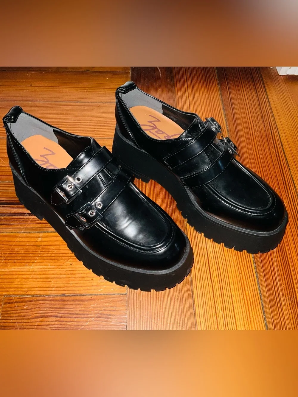 Zodiac Chunky Black Platform Loafers with Double Buckle
